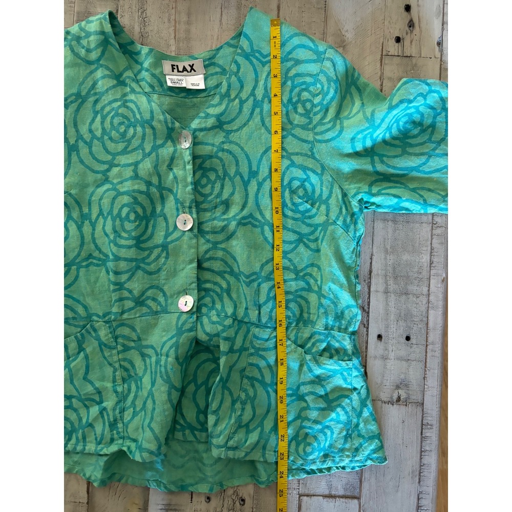 FLAX 100% Linen Floral Print Button Front Peplum Jacket Green Blue Small - Picture 6 of 9